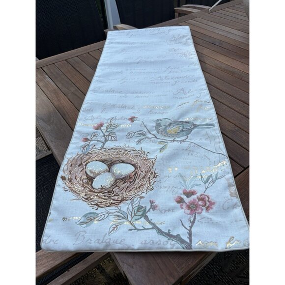 Birds Nest Table Runner Embroidery Spring Summer French Lettering 70x16” - Picture 1 of 8
